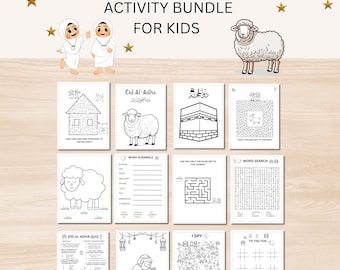 Puede incluir: Un "Eid Ul Adha Activity Bundle for Kids" con varias páginas de actividades. Las páginas incluyen laberintos, sopas de letras, un cuestionario y un juego de "I Spy", todo en blanco y negro. La imagen también presenta ilustraciones de una oveja, una mezquita y niños.