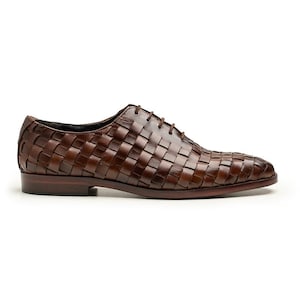 Handmade Woven Leather Loafers for Men | Brown Slip-On Dress Shoes | Artisan Formal & Casual Leather Shoes
