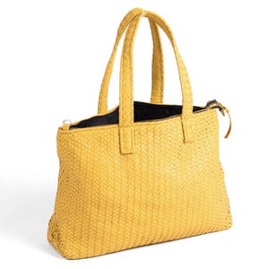 Handmade Woven Genuine Leather Tote Bag – Mustard Yellow Shoulder Bag