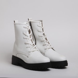 White Combat Boots Men | Chunky Lace Up Vegan Leather Boots | Stylish Fall Winter Ankle Boots | Streetwear Fashion Shoes