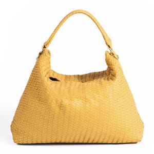 Handmade Woven Leather Hobo Bag – Mustard Yellow Shoulder Purse