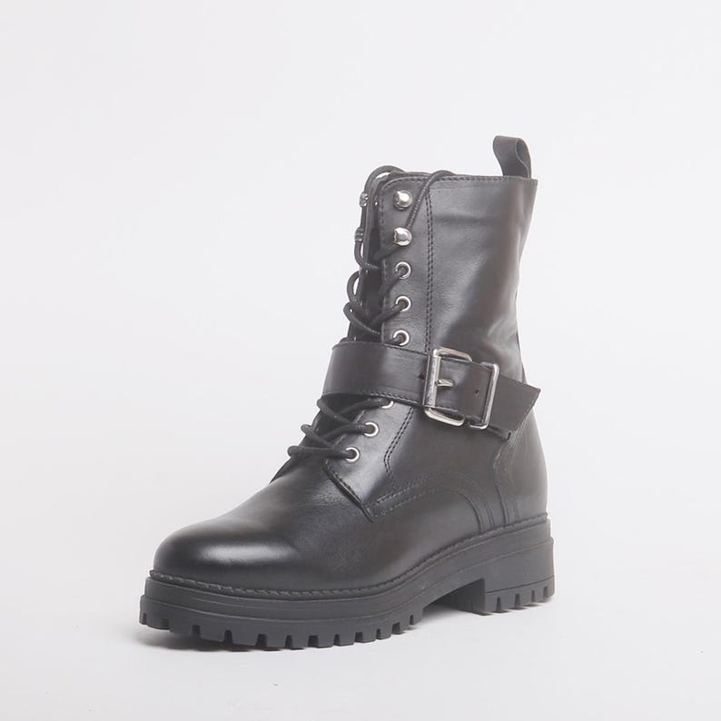 Handmade Men Black Leather High Ankle Strap Lace Up Military Boots, Hiking Boots