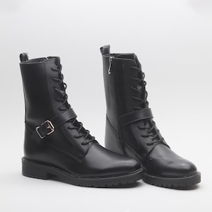 Black Buckle Combat Boots | Men&#39;s Lace-Up Winter Boots with Zipper | Stylish Chunky Sole Ankle Booties