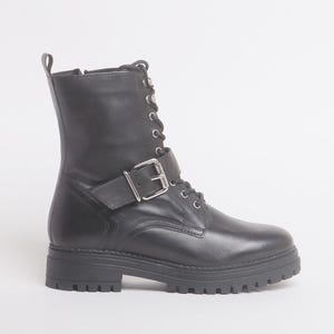 Black Leather Combat Boots for Men | Lace-Up Military Ankle Boots with Buckle Strap | Rugged Street Style Biker Boots