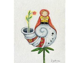 Windy Day Collection: Child and Spiral Shell  ( Original Acrylic on Panel Canvas )