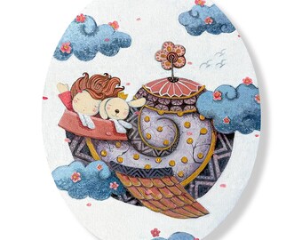 Windy Day Collection: Child and Dog Ride the Shell Bird  ( Original Acrylic on Oval Canvas )