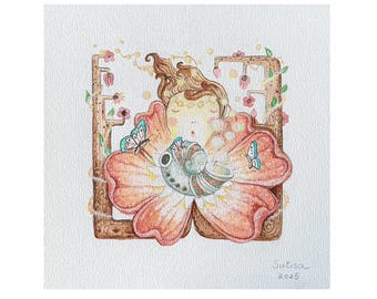 Windy Day Collection: Child Meet A Shell Flower ( Original Acrylic on Paper )