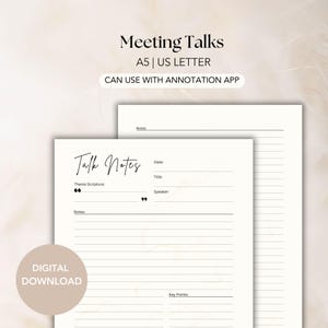 Puede incluir: Una plantilla de notas de reunión descargable digitalmente e imprimible. La plantilla está diseñada para tomar notas durante las reuniones o charlas. Incluye secciones para la fecha, el título, el orador, la escritura temática, las notas y los puntos clave. La plantilla está en blanco y negro y tiene un diseño minimalista.