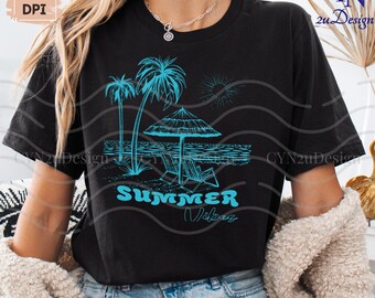 Retro Sunset Beach PNG: Tropical Palm Trees Illustration (Digital Download)