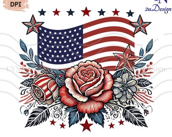 Patriotic Rose PNG: Vintage American Flag Floral Clipart (Digital Download