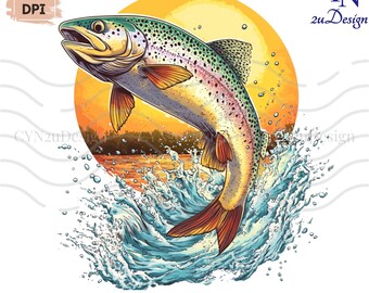 Jumping Trout PNG: Retro Sunset Fishing Graphic (Digital Download)