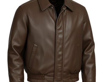 Chaqueta bomber de cuero marrón oscuro de lujo para hombre, hecha a mano, estilo retro americano de los años 90, con hombros anchos, de cuero genuino auténtico.