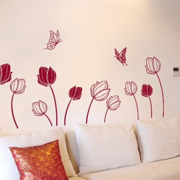 Butterflies catch Tulips-Wall Art Home Decors Murals Removable Vinyl Decals Paper Stickers