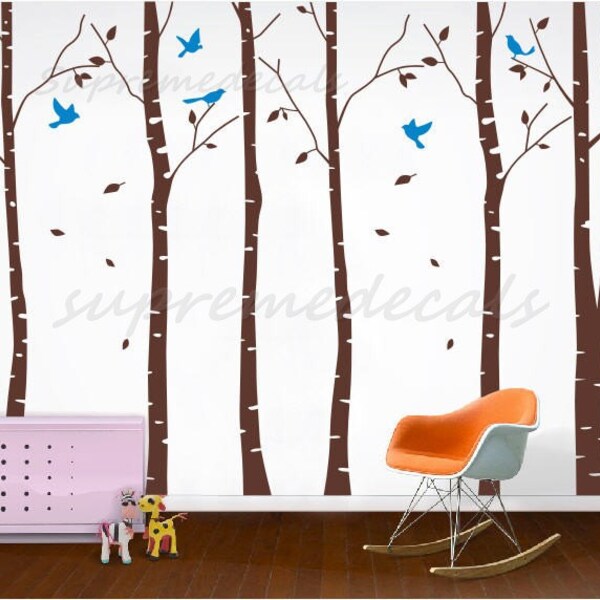 Birch Trees Decal Vinyl Trees Sticker Birds decal Living Room Wall Decors- Six Big Birch Trees with Flying birds- Removable Vinyls