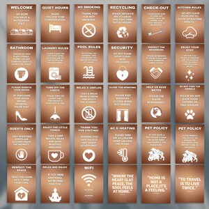Airbnb Gold Signs Bundle Edytowalne szablony Canva, powitanie, wymeldowanie, zakaz palenia, zasady dotyczące zwierząt + trzy inspirujące cytaty do pobrania w wersji cyfrowej