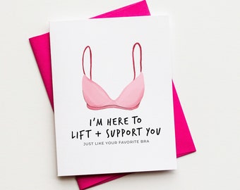 Tarjeta de ánimo para una amiga o hermana / Tarjeta de ánimo "Levantar y apoyar" / Tarjeta de amistad con un divertido sujetador rosa / Tarjeta "Pensando en ti"