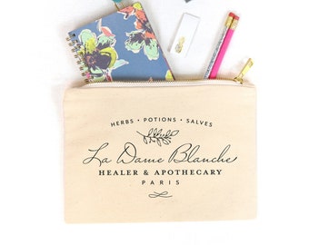 Outlander Inspired La Dame Blanche Makeup Bag, Catch-all Bag, Pencil Pouch, Travel Bag - Cotton Canvas - White, Black, Natural, Pink - 9.5x7