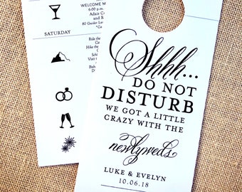 Newlyweds Do Not Disturb Door Hangers with Timeline / Agenda / Itinerary - Welcome Bag Fun - Custom Colors / Fonts Available
