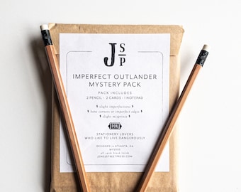 Imperfect Outlander Mystery Bundle - 1 Notepad, 2 Cards, 2 pencils - slight imperfections, fun gift bundle