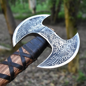 Hand-Forged Viking Double Bit Axe: Odin Engraved Carbon Steel with Leather Sheath