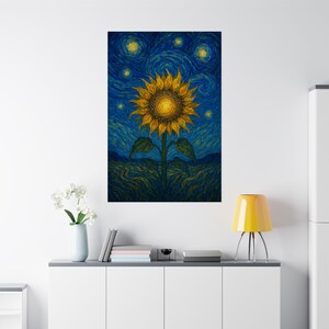 Sonnenblume im Sternenhimmel – Van Gogh inspirierte Blüte – Posterdruck – Ölgemälde – Mattes, vertikales Poster – Wandkunst für Zuhause & im Büro