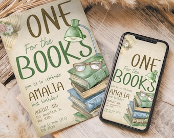 One for the Books Birthday Invitation, Book Theme First Birthday Invite, Vintage Storybook Party, Editable Canva Template