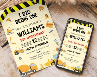 Construction 1st Birthday Invitation: "I Dig Being One" - Editable Canva Template