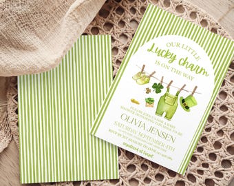 Lucky Charm Baby Shower Invitation, St Patrick’s Day Baby Shower Invite, Green Baby Shower, Editable Canva Template