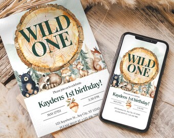 Wild One Birthday Invitation | Woodland Animals Birthday Invite | 1st Birthday Editable Template | Forest Theme Party Invitation