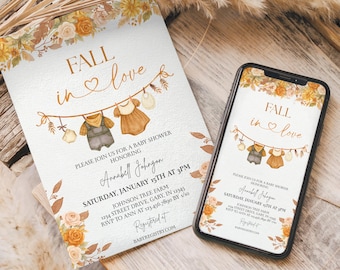 Fall in Love Baby Shower Invitation, Autumn Baby Shower Invite, Neutral Fall Baby Shower, Editable Canva Template, Fall Floral Baby Shower