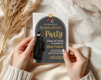 May include: A graduation party invitation held by hands. The invitation features a black and gold design with the words "Graduation Party" and the graduate's name. A graphic of a graduate in a cap and gown is also included.