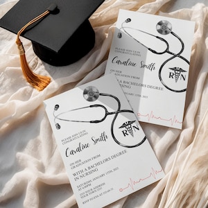 May include: A black mortarboard with a gold tassel is positioned near two white nursing graduation invitations. The invitations display a stethoscope illustration, the name "Caraline Smith", and ceremony details.