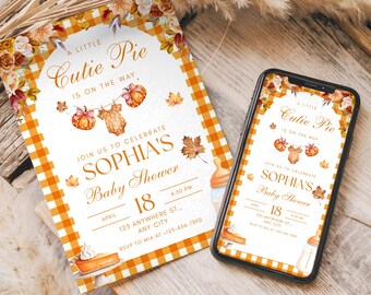 Editable Fall Pumpkin Baby Shower Invitation, Little Cutie Pie Theme, Autumn Invite Template