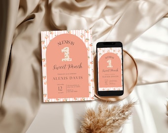 One Sweet Peach First Birthday Invitation,  Peach Party Invite, Editable Template, Digital Download, Printable Birthday Invite