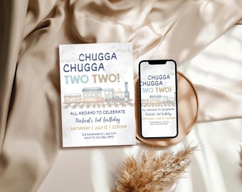 Convite Chugga Chugga Two Two, Convite de Aniversário de 2 Anos com Tema de Trem, Modelo de Festa de Aniversário "Todos a Bordo", Convite de Aniversário Editável para Meninos com Tema de Trem