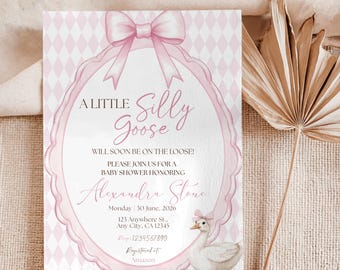 May include: A baby shower invitation with a pink and white diamond pattern background. The invitation features a pink oval frame with a bow at the top and the text "A Little Silly Goose". A cartoon goose is at the bottom right.