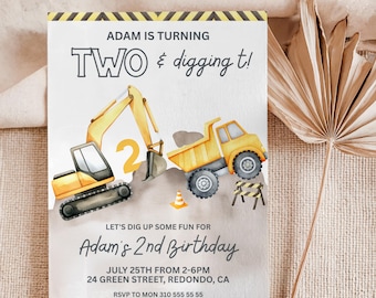 Construction 2nd Birthday Invitation, Two and Digging It Invite, Excavator Birthday Party Template