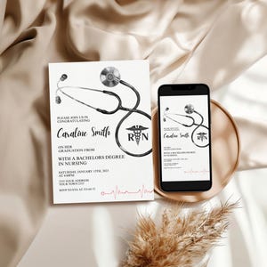 May include: A graduation announcement with a stethoscope design and the text "Caraline Smith" detailing a Bachelor's degree in Nursing. A smartphone shows the same design. The announcement is on a white background.