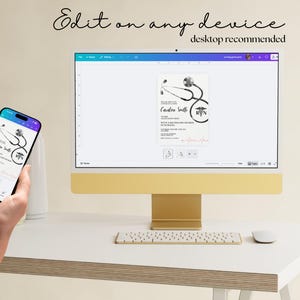 May include: A desktop computer and a smartphone display a nurse-themed design. The computer screen shows a design with a stethoscope graphic and the text "Caroline Smith, RN". The smartphone in the foreground mirrors the design. The text "Edit on any device desktop recommended" is at the top.