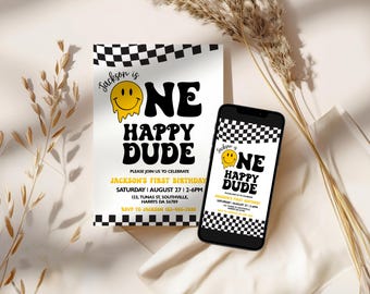 One Happy Dude Birthday Invitation, Smiley Face First Birthday Invite, Retro One Birthday Party Template, Editable Boy Birthday Invitation