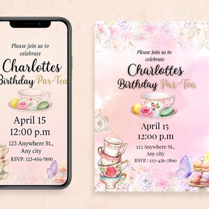 Tea Party Birthday Invitation, Editable Canva Template, Printable Floral Garden Party Invite