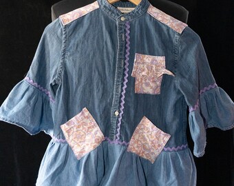Upcycled Ralph Lauren Denim Shirt: Youth Medium, Paisley Ruffle Detail