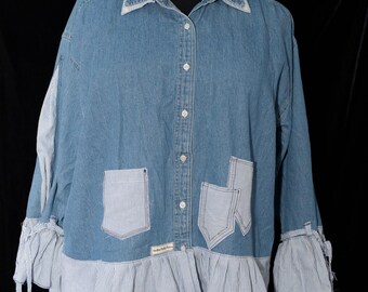 Upcycled Denim Shirt: Plus Size Ruffled Oxford, Reimagined Clothing