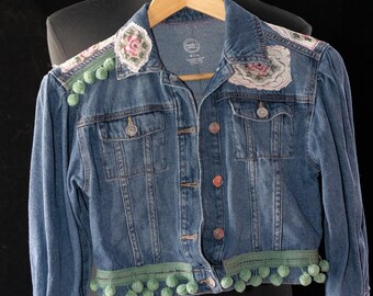 Upcycled Child's Denim Jacket: Vintage Tablecloth & Pom Pom Fringe