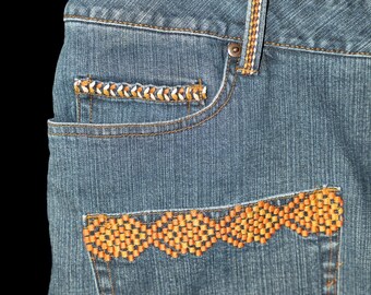 Plus sized, Upcycled denim skirt, reclaimed, sustainable, western, bespoke, cowboy, unique trim, flare, pockets