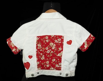 Upcycled Toddler white polo denim jacket, floral and hearts