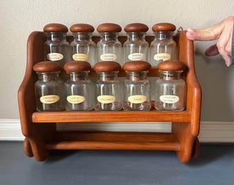 Vintage Wooden Wall Mount Spice Rack with Towel Rod and Glass Spice Jars