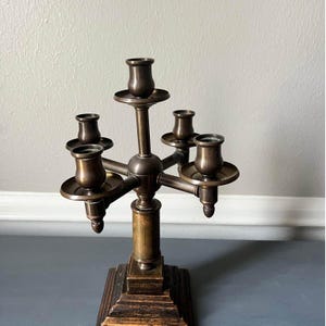 Vintage MCM Brass and Wood 5 Candle, 4 Arm Candelabra