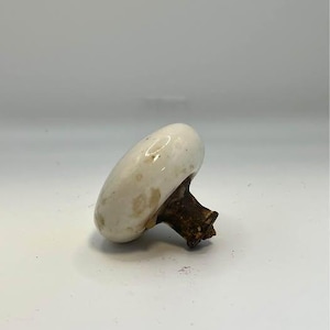 May include: A vintage-style door knob featuring a smooth, rounded white ceramic head with subtle brown discoloration and a weathered, dark brown metal base. The hardware exhibits signs of age and wear, presenting a classic, functional design.