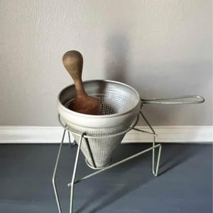 Vintage Aluminum Food Mill Cone Sieve Colander Strainer w/Wood Pestle & Stand